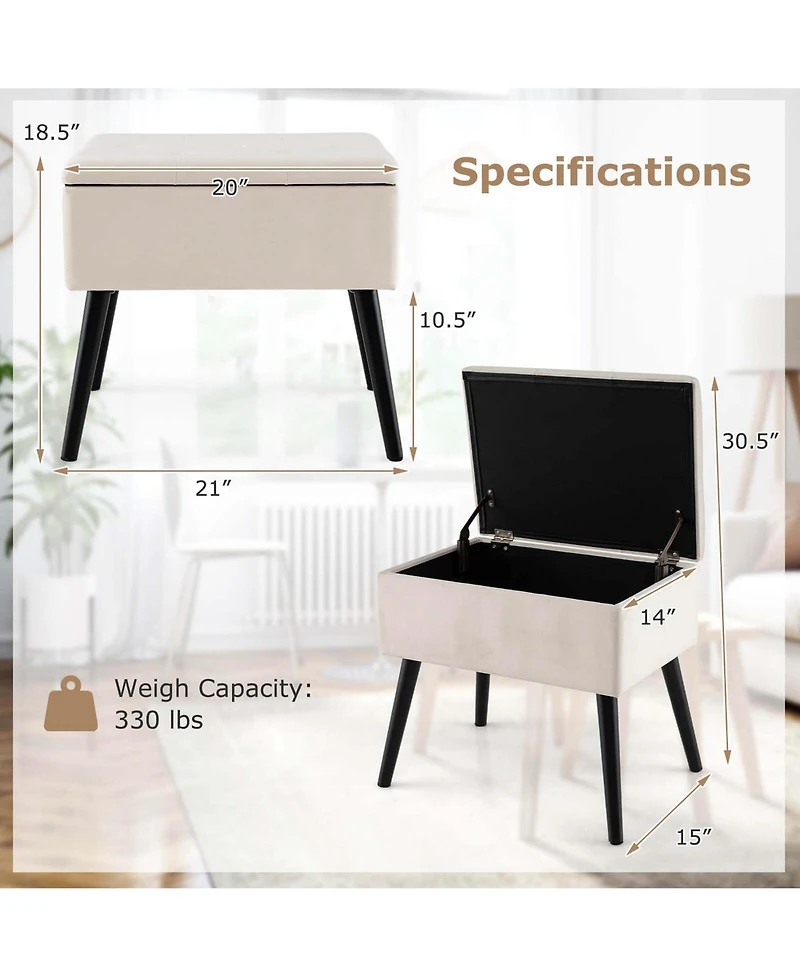 Velvet Vanity Stool Ottoman with Storage Solid Wood Legs Flip-Up Top for Entryway