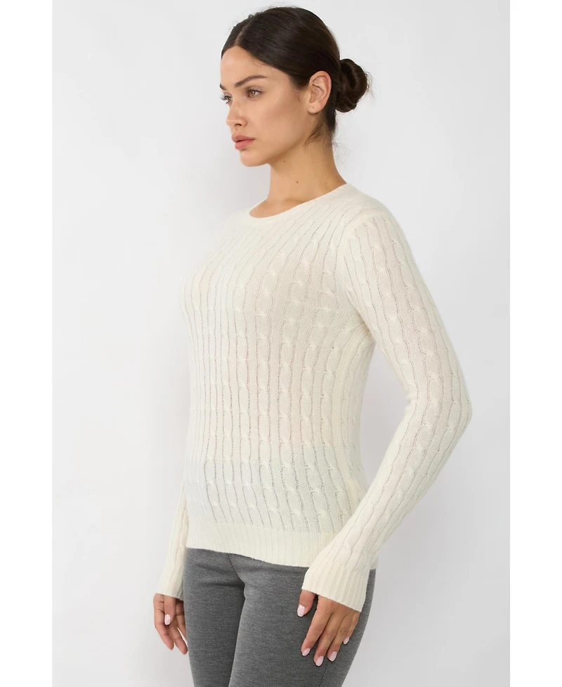 Jennie Liu Women's 100% Cashmere Cable-knit Long Sleeve Pullover Crew Neck Sweater