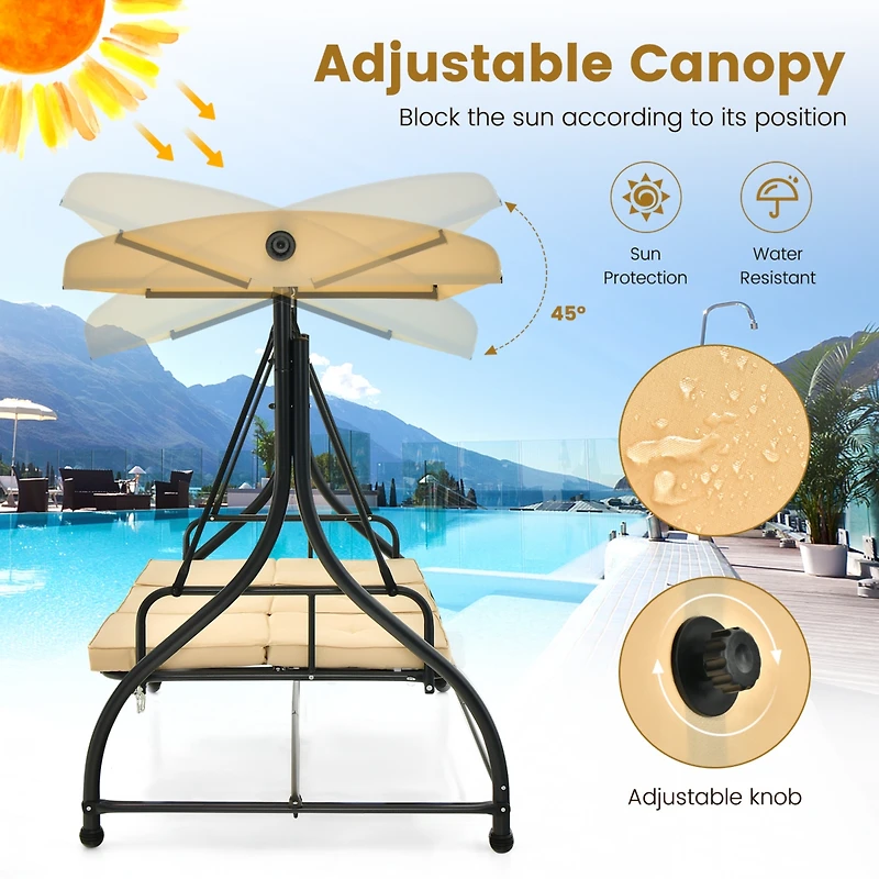 Converting Outdoor Swing Canopy Hammock 3 Seats Patio Deck Furniture beige