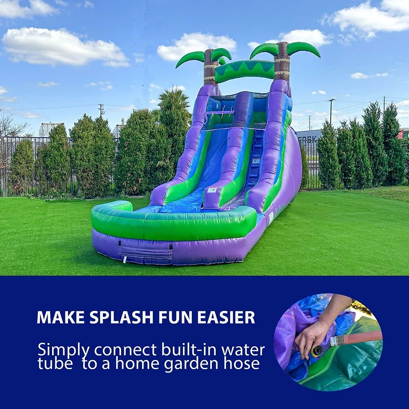 HeroKiddo 16 Purple Tropical Inflatable Water Slide with Attached Pool (No Blower Included), Commercial Grade, Wet Dry Use