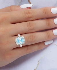 Blue & White Cubic Zirconia Mixed Cut Halo Ring Sterling Silver