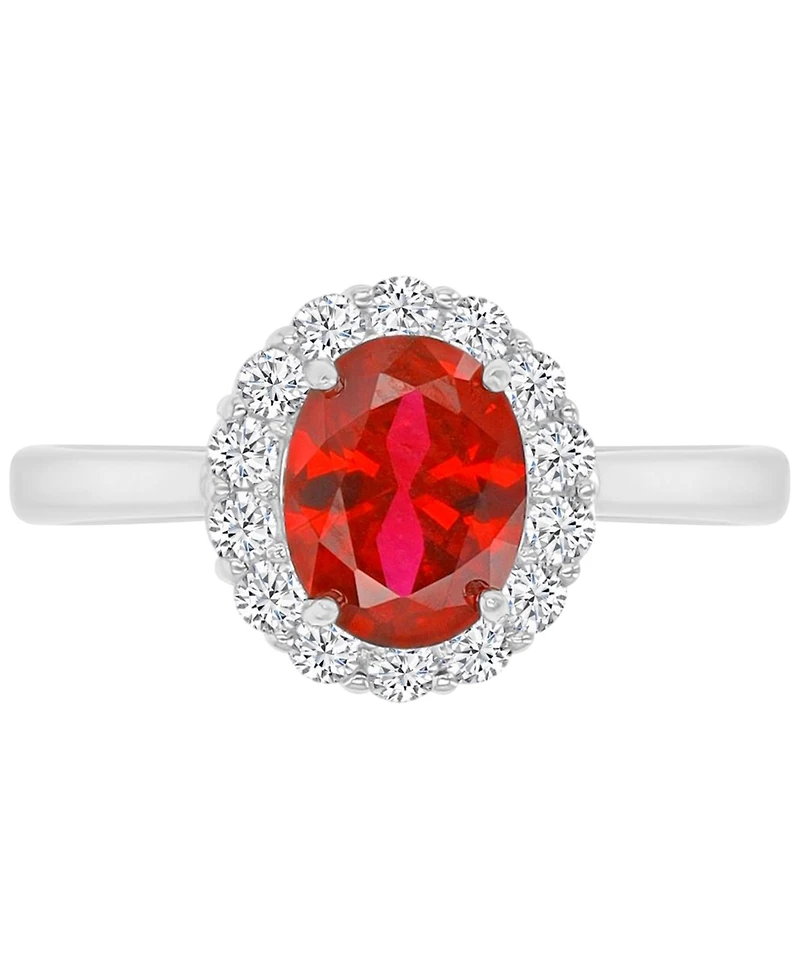 Red & White Cubic Zirconia Oval Halo Ring Sterling Silver
