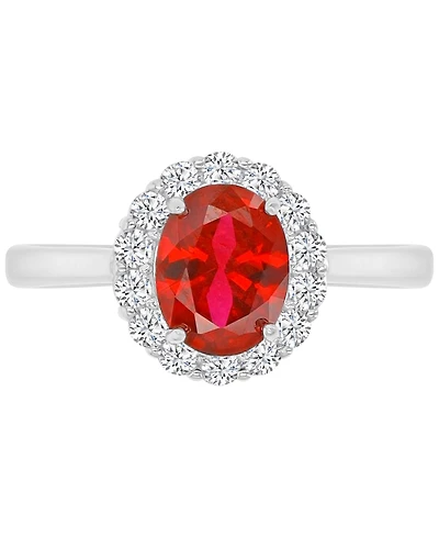 Red & White Cubic Zirconia Oval Halo Ring Sterling Silver