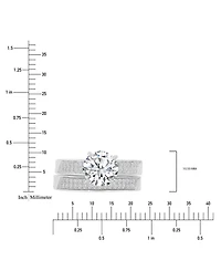 Cubic Zirconia Solitaire & Pave Milgrain Bead Bridal Set Sterling Silver