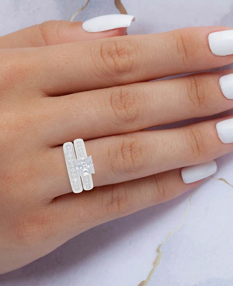 Cubic Zirconia Princess Cut Channel Bridal Set Sterling Silver