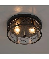 Franklin Iron Works Quincy 14" Industrial Flush-Mount Ceiling Light Fixture Kitchen Foyer Hallway Round 2-Light Black Seeded Glass