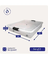 Homz 56 Qt Full/Queen Underbed Clear Plastic Latching Storage Container, 2 Pack