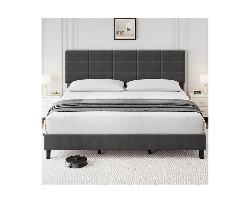 gaomon King Bed Frame, Linen Upholstered Platform King Bed Frame with Height Adjustable Headboard, Metal Frame King Bed Frame with Strong Wood Slats a