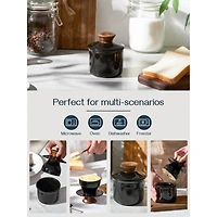 Porcelain Butter Keeper Crock, French Butter Dish with Lid to Leave on Counter - Black Wood