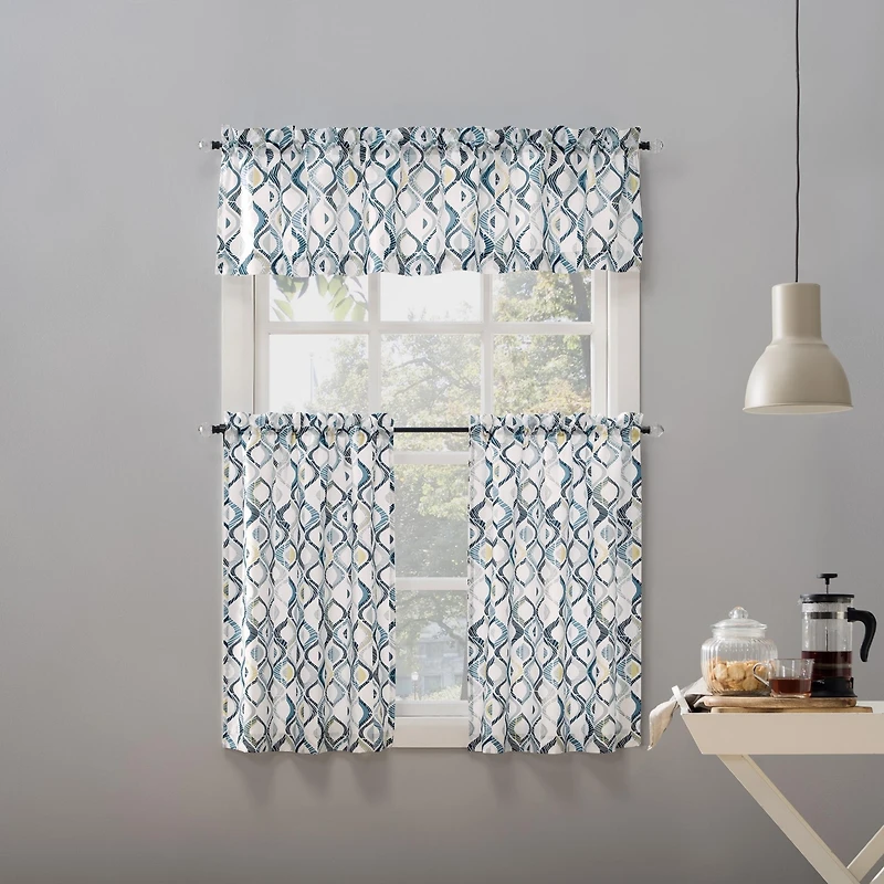 Barker Geometric Semi-Sheer Rod Pocket Kitchen Curtain Valance and Tiers Set