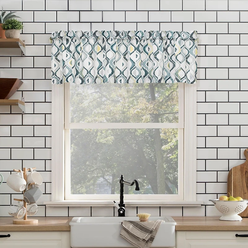 Barker Geometric Semi-Sheer Rod Pocket Kitchen Curtain Valance and Tiers Set
