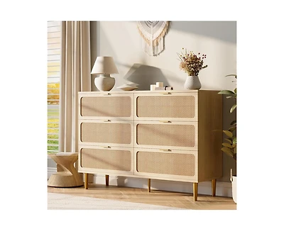 Rattan 6 Drawer Dresser for Bedroom with Wide Top, Large Double Dresser for Closet with Deep Drawers, Wooden Chest of Drawer for Living Room