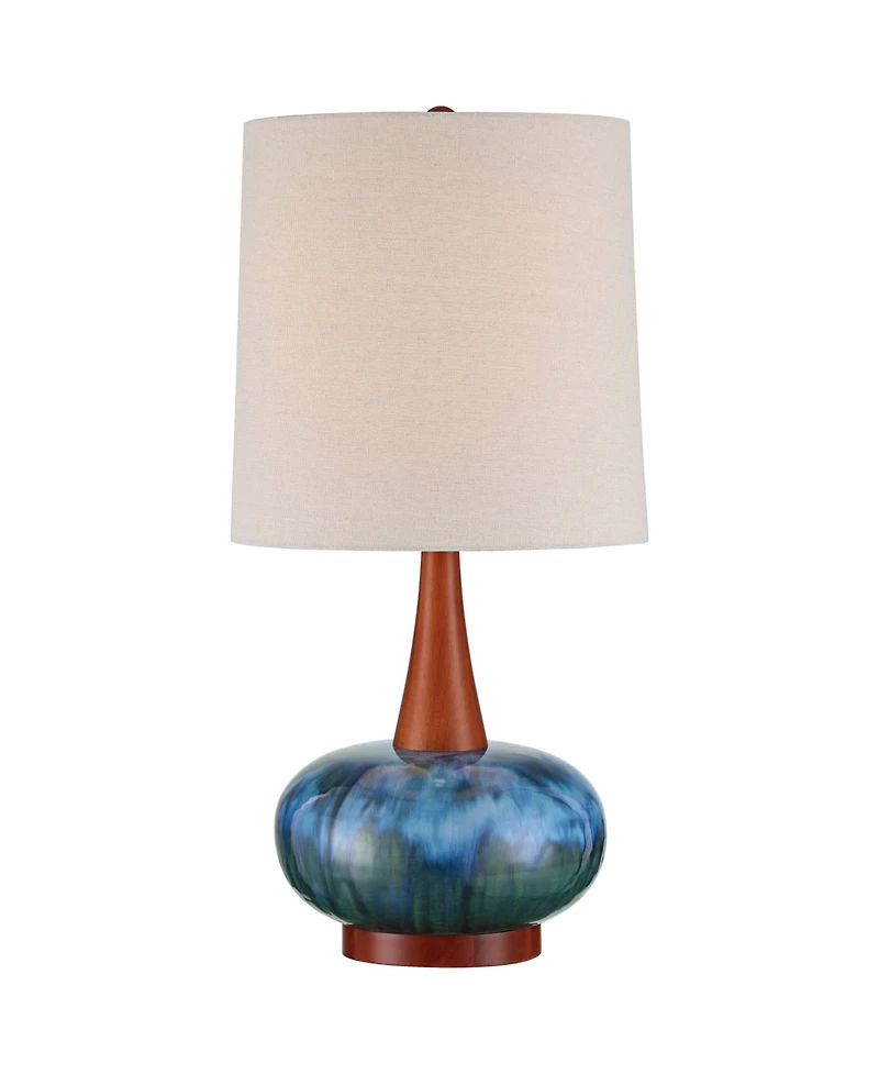 360 Lighting Andi 25" High Mid Century Modern Coastal Table Lamp Blue Green Ceramic Wood Single Fabric White Shade Living Room Bedroom Bedside Nightst