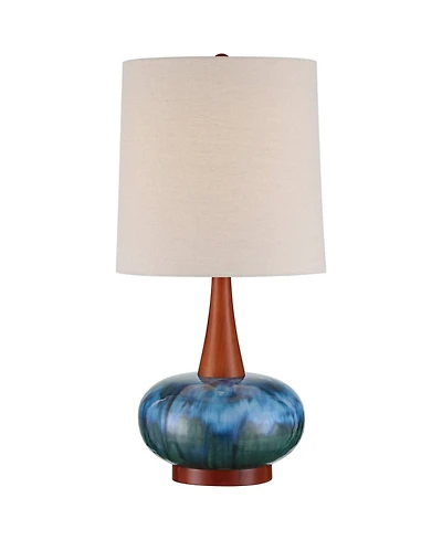 360 Lighting Andi 25" High Mid Century Modern Coastal Table Lamp Blue Green Ceramic Wood Single Fabric White Shade Living Room Bedroom Bedside Nightst
