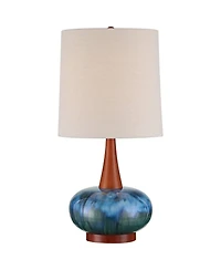 360 Lighting Andi 25" High Mid Century Modern Coastal Table Lamp Blue Green Ceramic Wood Single Fabric White Shade Living Room Bedroom Bedside Nightst