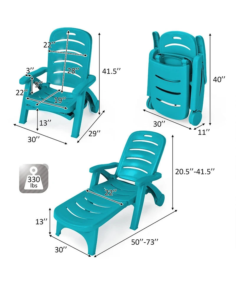 Sugift 5 Position Adjustable Folding Lounger Chaise Chair on Wheels