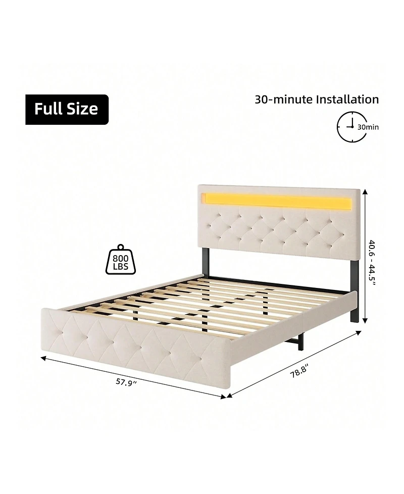 gaomon Full/Queen Size Bed Frame With Led Lights Headboard, Led Bed Frame With Fast-Charging Usb Port, Upholstered Platform Bed Frame