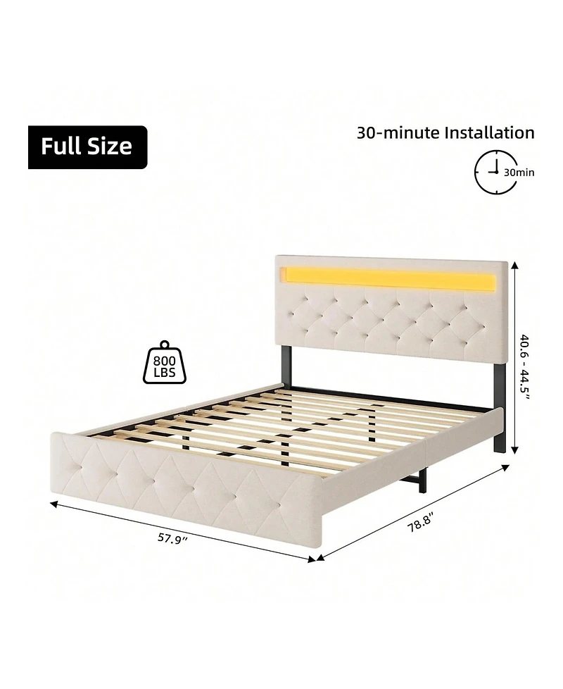 gaomon Full/Queen Size Bed Frame With Led Lights Headboard, Led Bed Frame With Fast-Charging Usb Port, Upholstered Platform Bed Frame, No Box Spring N
