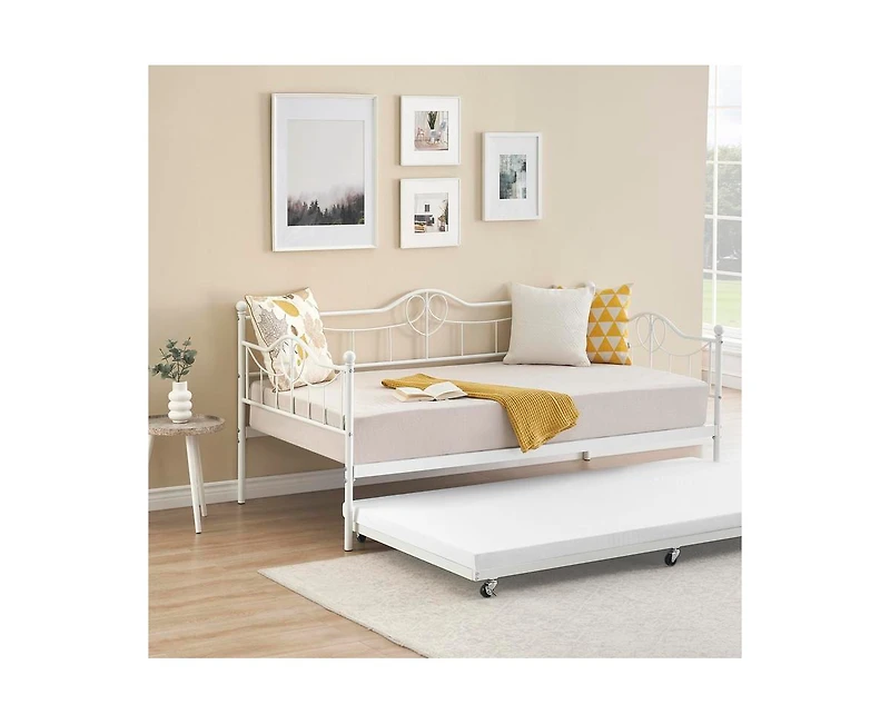 Twin Daybed with Trundle, Modern Pull Out Day Bed Frame with Vintage Headboard, Metal Daybed with Sturdy Slat Support, for Small Spaces, Kids Room, Li