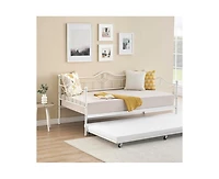 Twin Daybed with Trundle, Modern Pull Out Day Bed Frame with Vintage Headboard, Metal Daybed with Sturdy Slat Support, for Small Spaces, Kids Room, Li