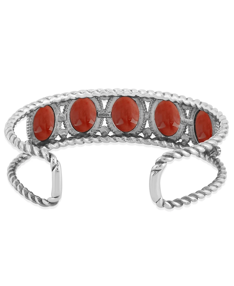 American West Jewelry Sterling Silver Red Spiny Oyster Gemstone Rope Design 5-Stone Cuff Bracelet