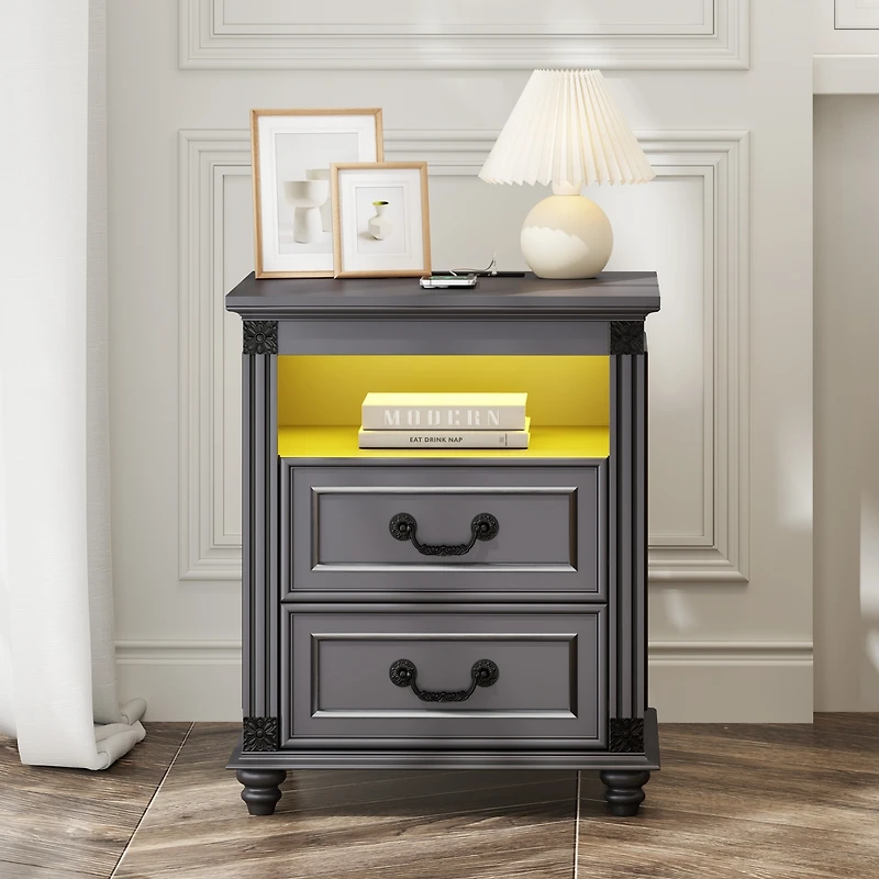 Vlsrka Nightstand with Charging Station, 3-Color Led & 2 Drawers