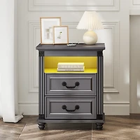 Vlsrka Nightstand with Charging Station, 3-Color Led & 2 Drawers