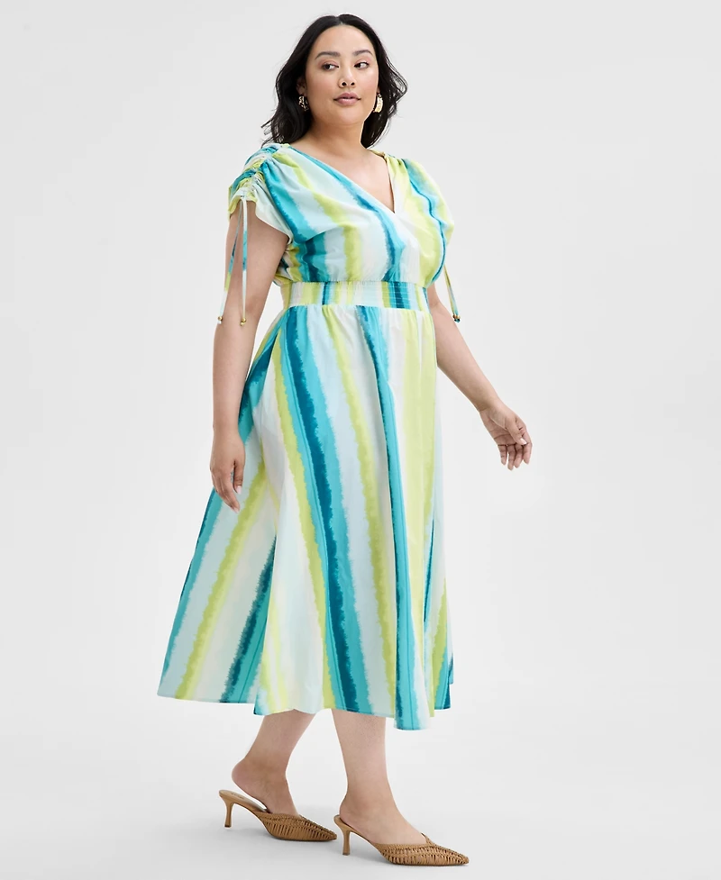 I.n.c. International Concepts Plus Size Cotton Drawstring-Sleeve Midi Dress, Exclusively at Macy's