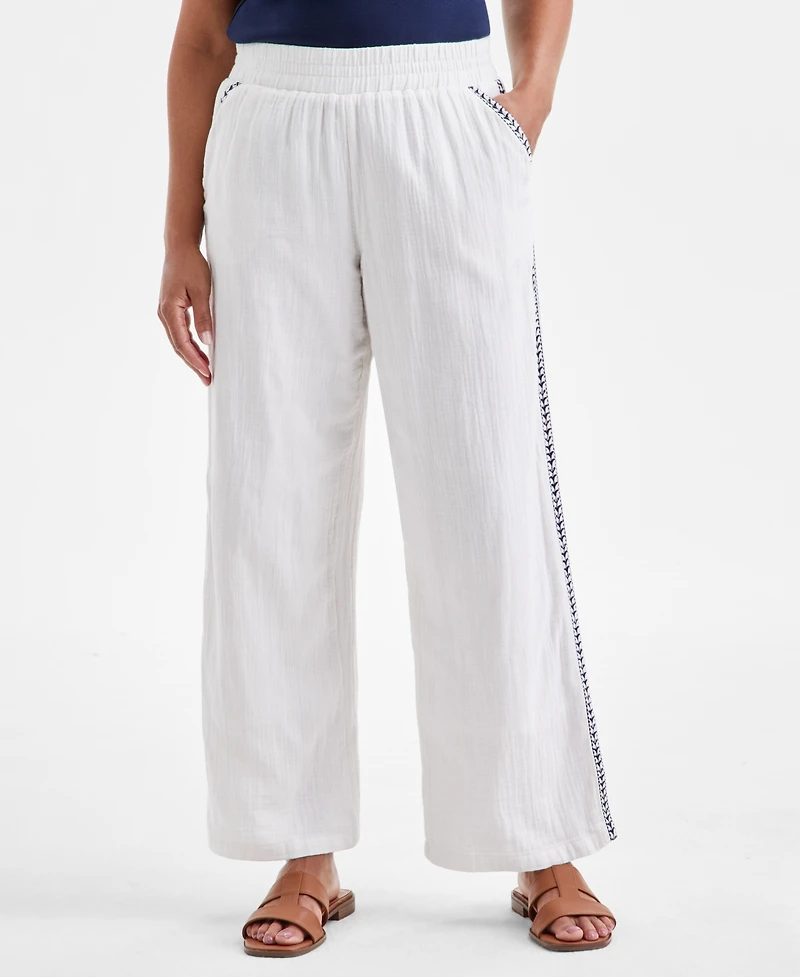 Style & Co Women's Cotton Embroidered Wide-Leg Gauze Pants, Exclusively at Macy's