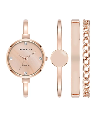 Anne Klein Women's Quartz Pink Enamel and Rose Gold-Tone Metal Alloy Bangle Watch Set, 32mm
