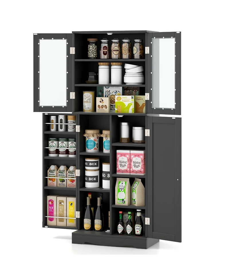 Gouun Tall Kitchen Pantry Cabinet with Dual Tempered Glass Doors and Shelves