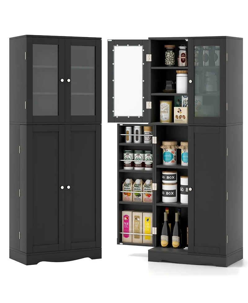 Gouun Tall Kitchen Pantry Cabinet with Dual Tempered Glass Doors and Shelves