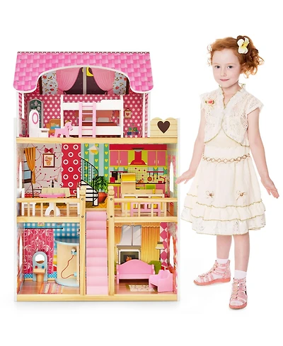 Gymax Kids Wooden Dollhouse Toddler Diy Pretend Playhouse w/ 15 Furniture Accessories