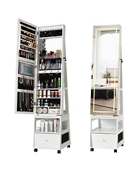 gaomon 360° Swivel Jewelry Armoire with Full Length Mirror, Led Vanity Mirror with Jewelry Storage Drawer, Shelf, Wheels, Freestanding Lockable J