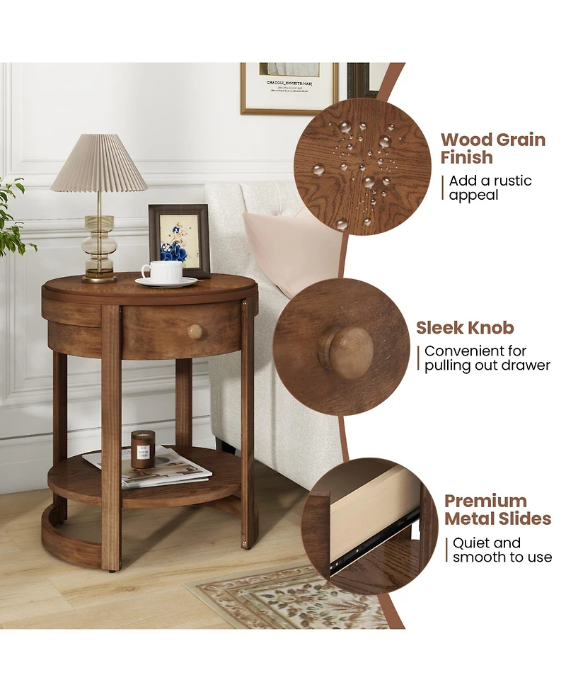 Gouun 2-Tier Round End Table Mid Century Modern Nightstand with Drawer and Shelf