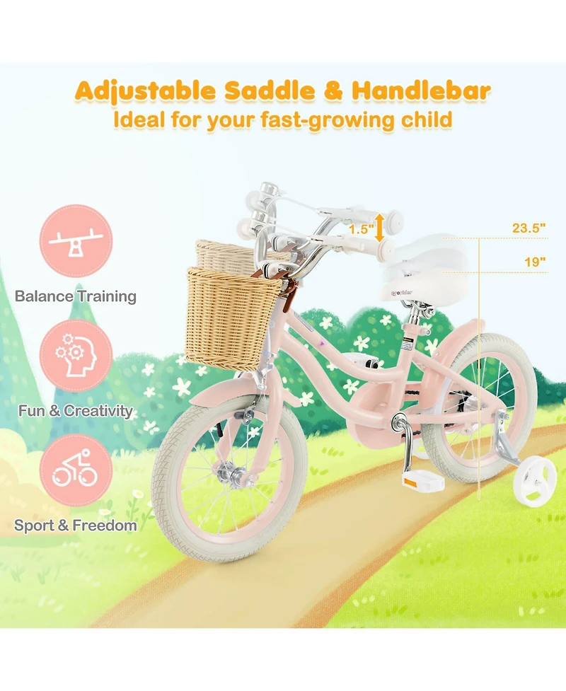 14" Kid's Bike with Training Wheels Adjustable Handlebar Seat Handbrake