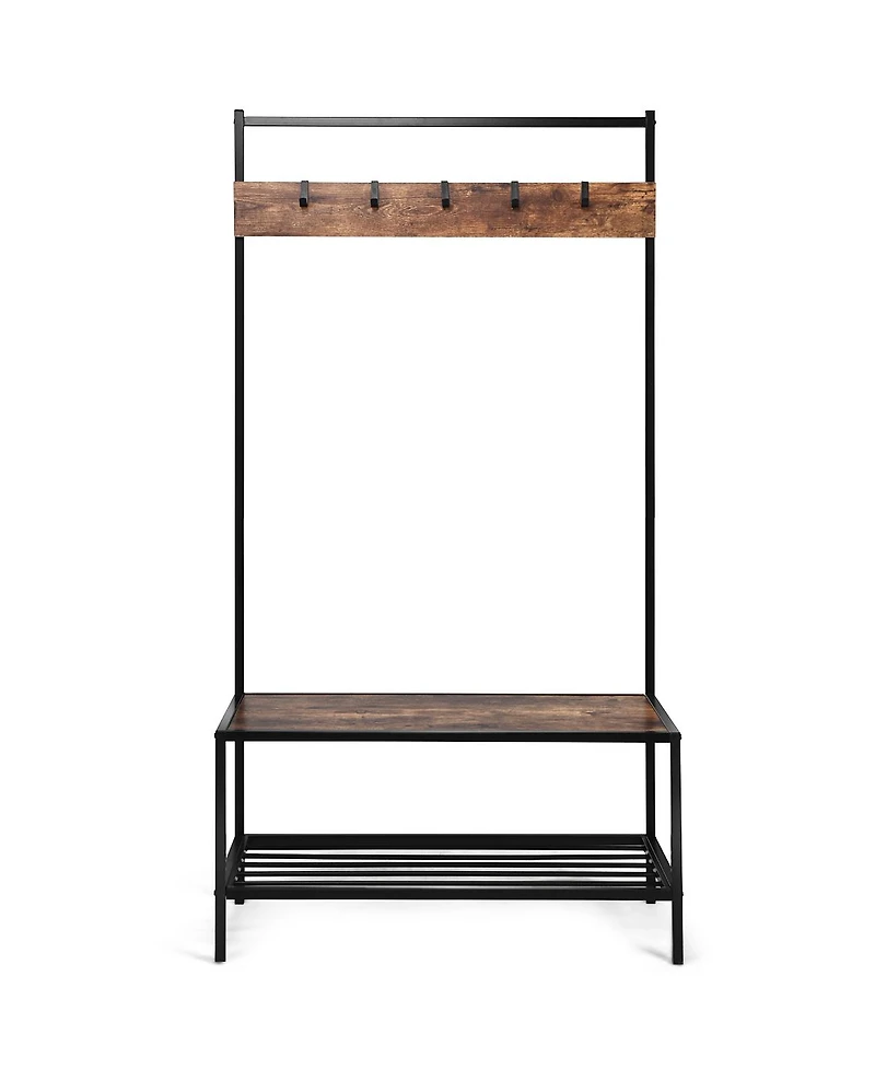 3 in 1 Industrial Coat Rack Shoe Bench Hall Tree Entryway Storage Shelf w/ Hooks