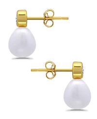 Macy's Teardrop Freshwater Cultured Pearl Cubic Zirconia Bezel Set Post Earrings