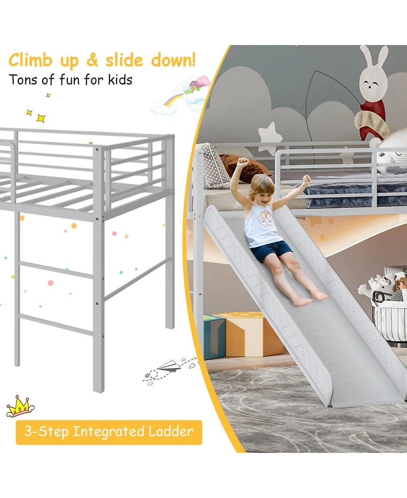 Gouun Twin Metal Loft Bed with Slide Safety Guardrails and Built-in Ladder