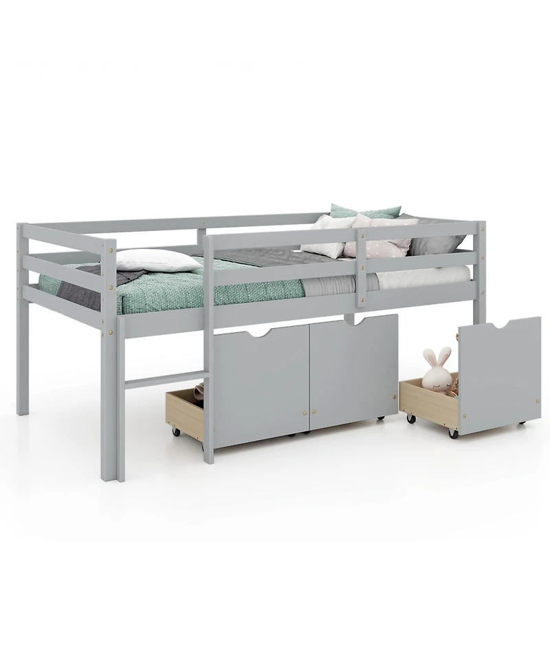 Gouun Twin Size Low Loft Bed with 3 Drawers with Ladder and Full-length Guardrails