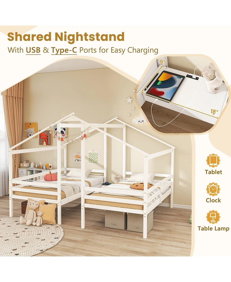 Double Twin Size Wooden Bed Frames with Built-in Table for Kids