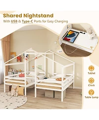 Double Twin Size Wooden Bed Frames with Built-in Table for Kids