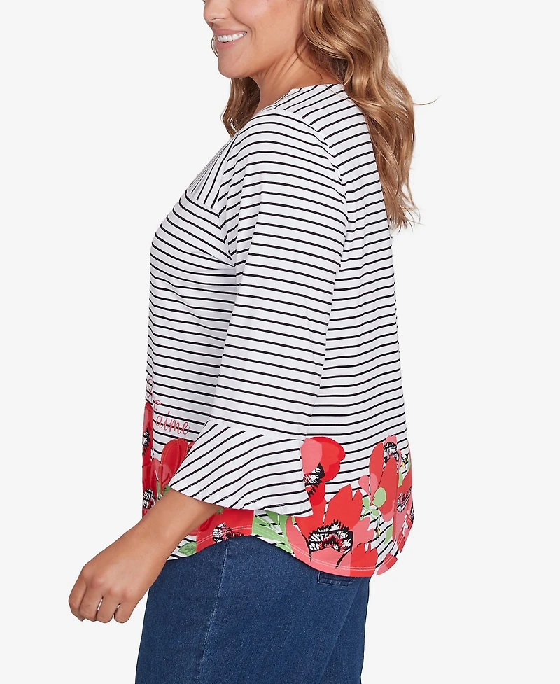 Ruby Rd. Plus Size Poppy Embroidered Stripe Knit Top