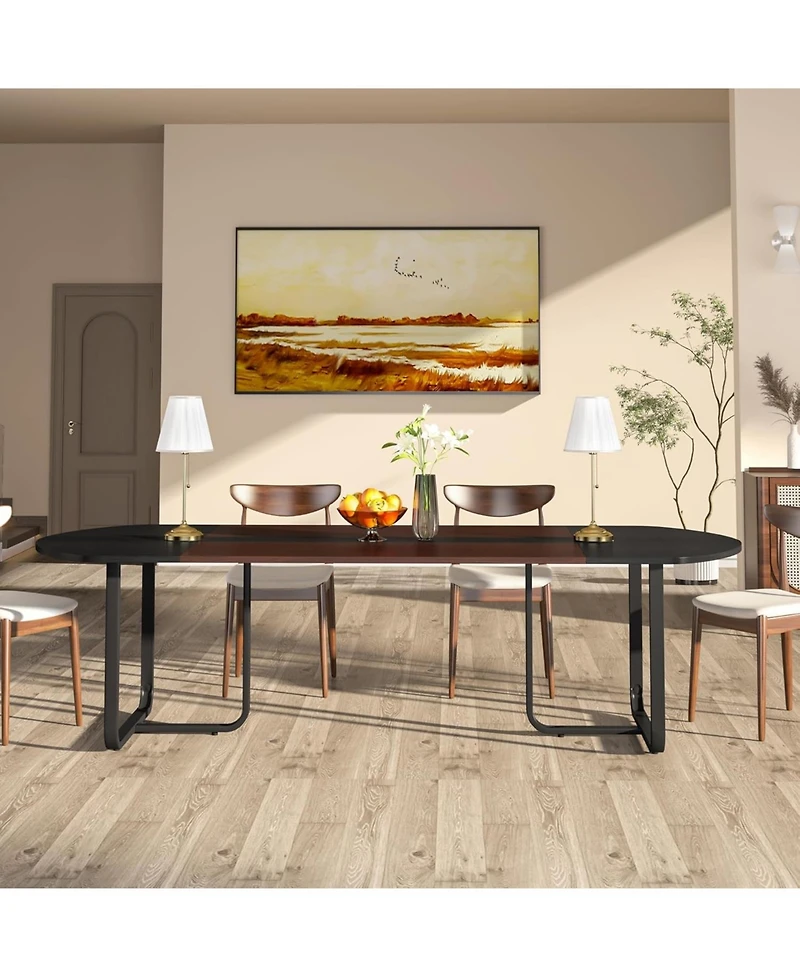 Tribesigns 70.86" Modern Oval Dining Table with Walnut and Black Finish Splicing Board, Curved Kitchen Tables for 6-8, Large Dining Room Table with St