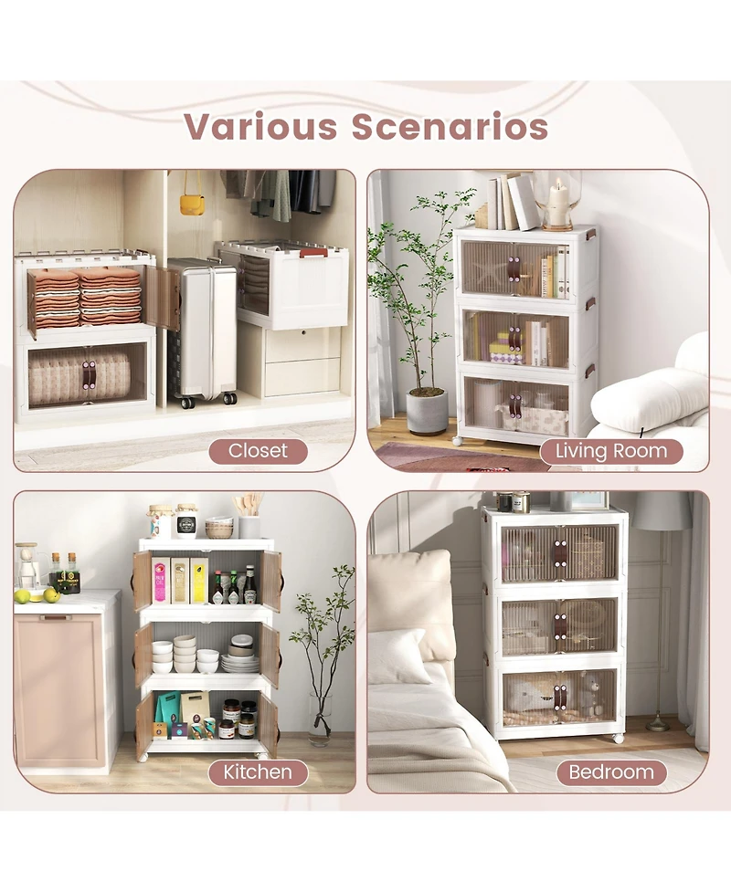 Gouun 3-Tier Stackable Storage Boxes Bins with Magnetic Doors and Lockable Casters