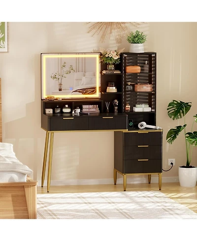 gaomon Makeup Vanity Desk with Lights & Power Outlet, Big Modern Fluted Vanity Desk with 30" Hd Lighted Mirror, 5 Drawers and Storage Shelf，Dre