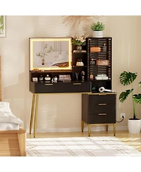 gaomon Makeup Vanity Desk with Lights & Power Outlet, Big Modern Fluted Vanity Desk with 30" Hd Lighted Mirror, 5 Drawers and Storage Shelf，Dre