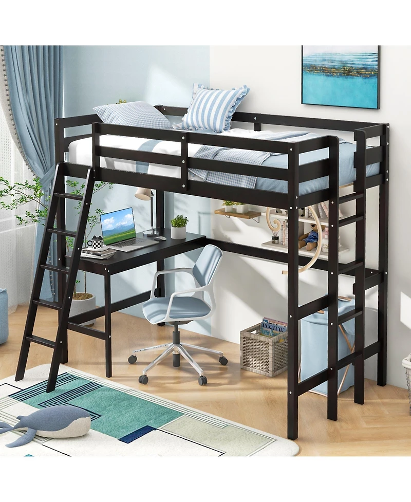 Twin Size Loft Bed Frame with Desk Angled and Built-in Ladder
