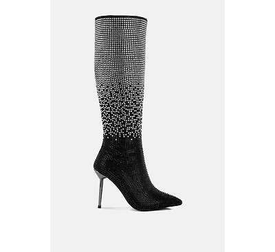 Orymple Shiny Rhinestone Studded Calf Boots