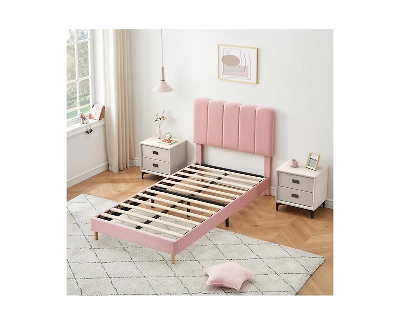 gaomon Pink Twin Bed Frame, Velvet Upholstered Platform Bed Frame with Headboard, Strong Wooden Slats, Noise-Free,No Box Spring Needed